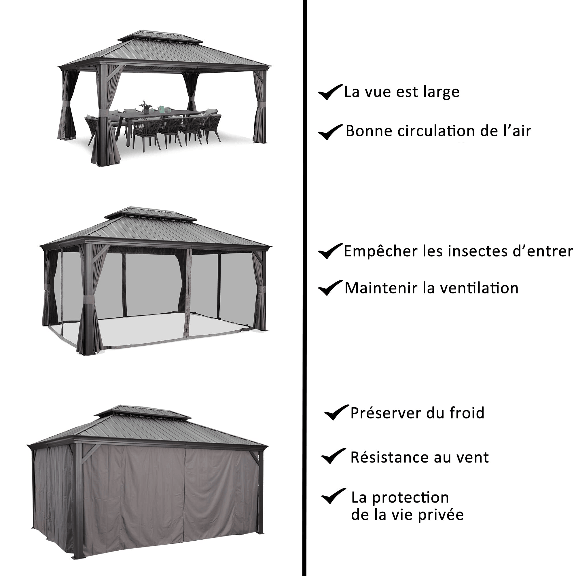PURPLE LEAF Tonnelle de Jardin Tonnelle Aluminum avec Moustiquaire et Rideaux Pavillon de Jardin à Double Toit Acier Galvanisé, Gris - Purpleaf France