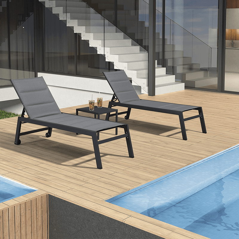Chaise longue d'extérieur PURPLE LEAF Chaise longue de patio en aluminium 3 pièces avec table d'appoint et roues Chaise - Purpleaf France